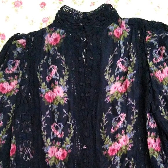 Loveshackfancy Jacque silk floral blouse top Dolce floral crochet lace XS - Picture 12 of 17